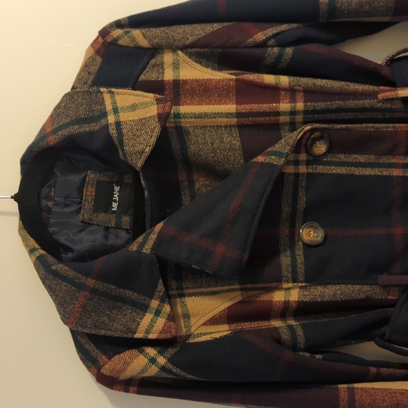 Me Jane Burgundy Tan Navy Plaid Double-Breasted Belted Women's Jacket, XL - Picture 6 of 10